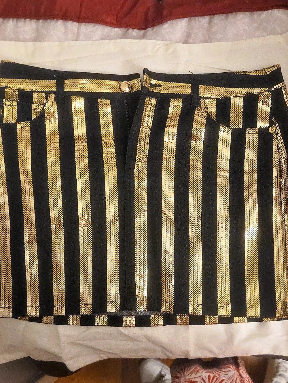Michael Kors Sequin-Stripe Denim Mini Skirt Black & Gold